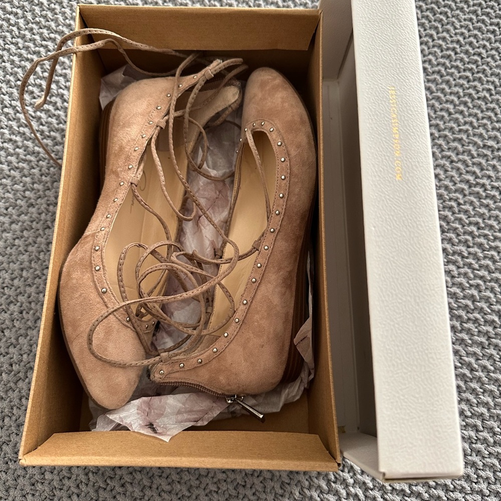 Jessica Simpson Taupe Lace-Up Suede Studded Flats